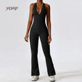 Women's Long Length Lightweight Compression Yoga Bodysuit with Halter Neck-Stretchy Stretchy Sports Jumpsuit