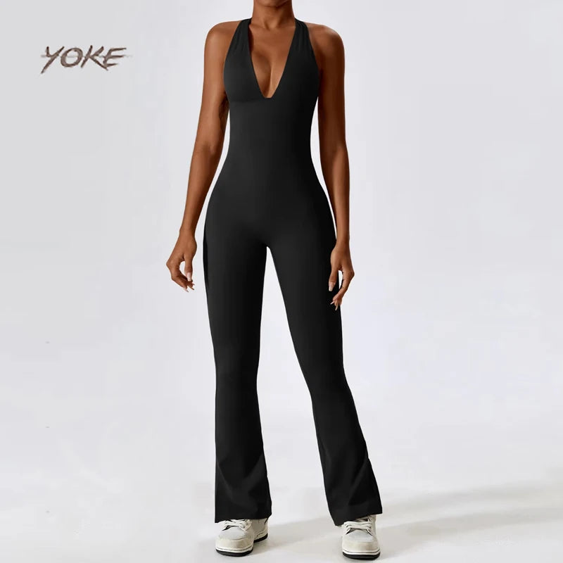 Women's Long Length Lightweight Compression Yoga Bodysuit with Halter Neck-Stretchy Stretchy Sports Jumpsuit