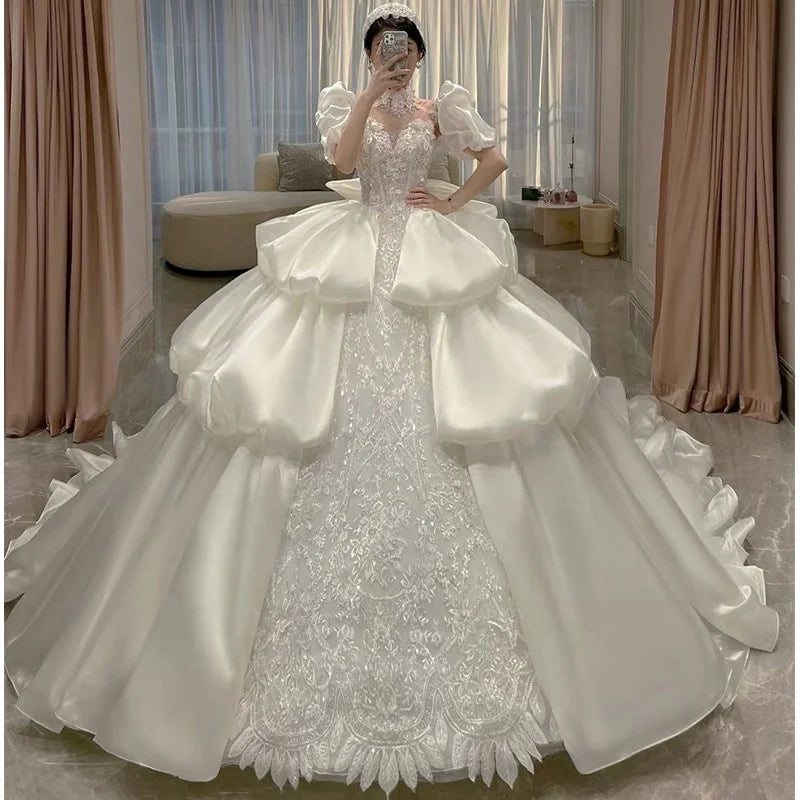 Bubble Sleeve Heavy Industry Wedding Dress on the Run Princess Satin Wedding Dress Senior French Embroidery Train Wedding Dress