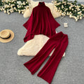 New Simple Solid Color Casual High Neck Knitted Top + High Waist Wide Leg Pants Light Luxury Sister Set Female Winter