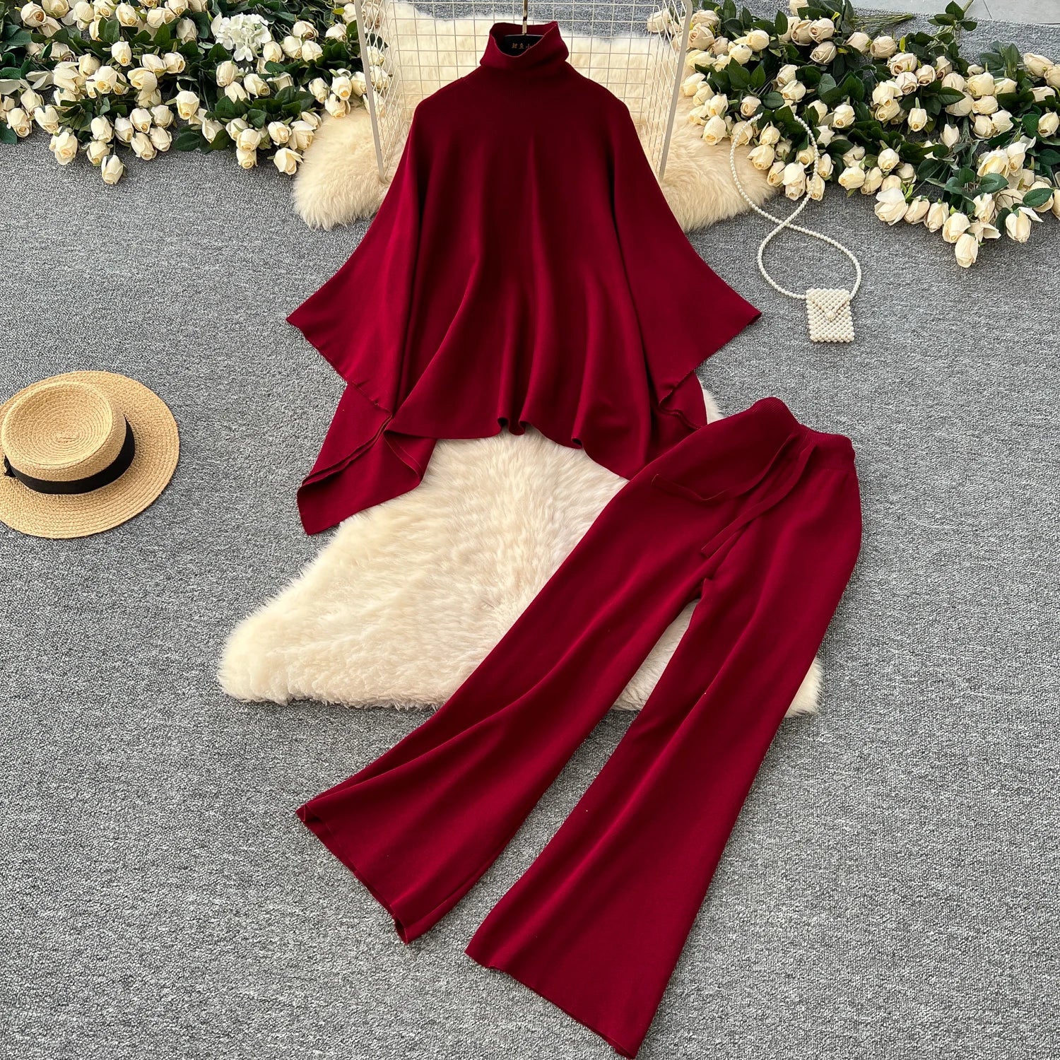 New Simple Solid Color Casual High Neck Knitted Top + High Waist Wide Leg Pants Light Luxury Sister Set Female Winter
