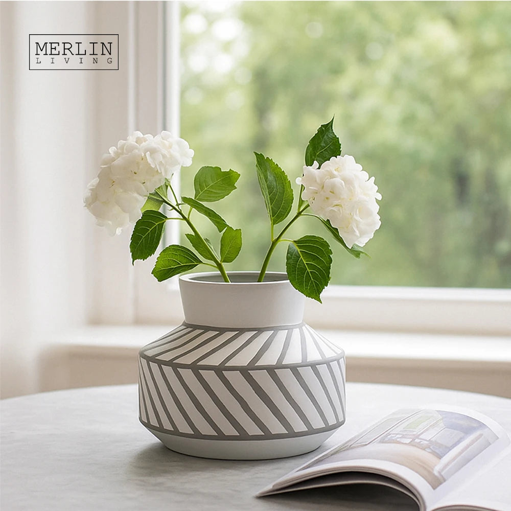 Merlin Living Minimalist Gray Striped Ceramic Vase Tabletop Art Flower Vase Decoration Chaozhou Ceramic Factory Wholesale