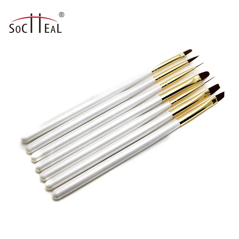 Wholesale Socheal Custom Logo Durable Wood Handle + Nylon Hair Nail Art Brush 7pcs Oval Flat Liner Nail Brush Set