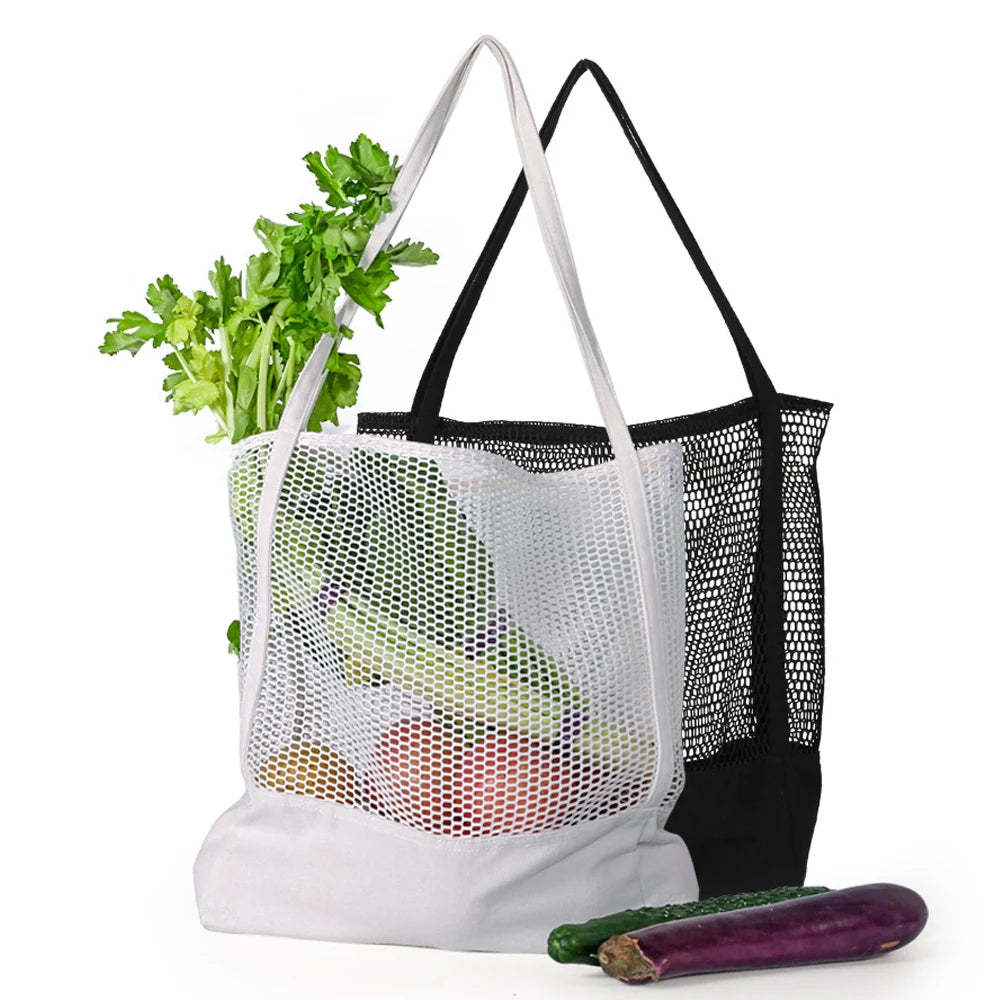 Hot Sale Cotton Canvas Mesh Grocery Bag Blank Handled Tote Shopping Bag Logo Customizable Carry Beach Bag for Gift LOGO