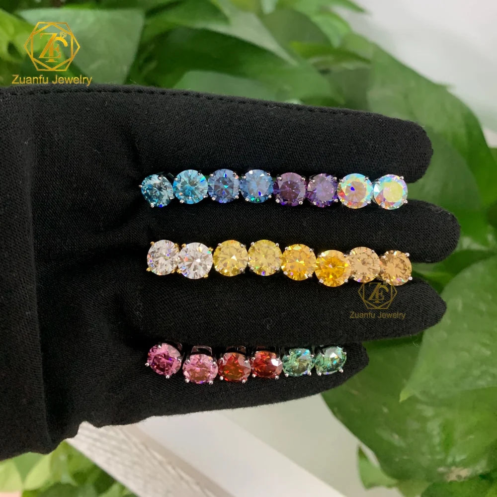 1CT 6.5mm Colorful Moissanite Earrings Pink Yellow Blue Purple Red Color Diamond Round Solitary Earrings 925S for Lady Women
