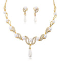 2023 Wholesale Fashion Elegant Water Drop Leaf Crystal Pearl Bridal Wedding Necklaces Earrings Jewelry Sets