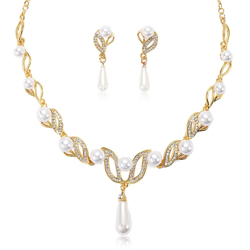 2023 Wholesale Fashion Elegant Water Drop Leaf Crystal Pearl Bridal Wedding Necklaces Earrings Jewelry Sets