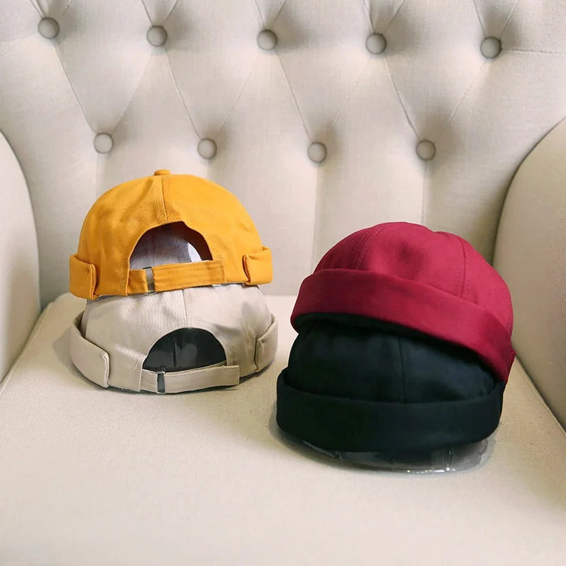 MIO Adjustable Leather Strap Sailor Melon Cap Docker Cap Solid Color Retro Beanie
