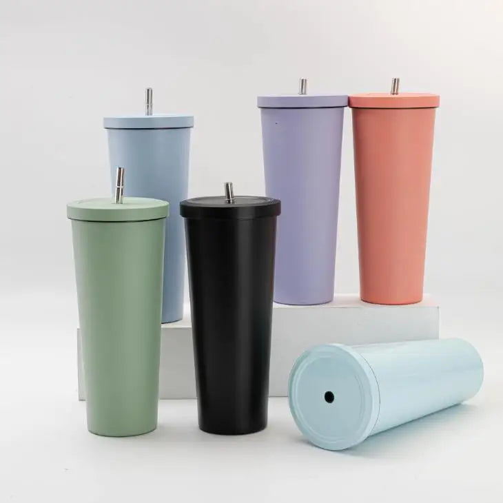 Custom Matte Black Double Wall Coffee Tumbler Cup 16oz Stainless Steel Vacuum Insulated Straw Tumbler with Lid & Straw