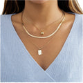 Women's Three Layers Alphabet Lettering Necklace Gold Plated Snake Bone Chain Rectangular Letter Pendant Ball Rectangle Necklace