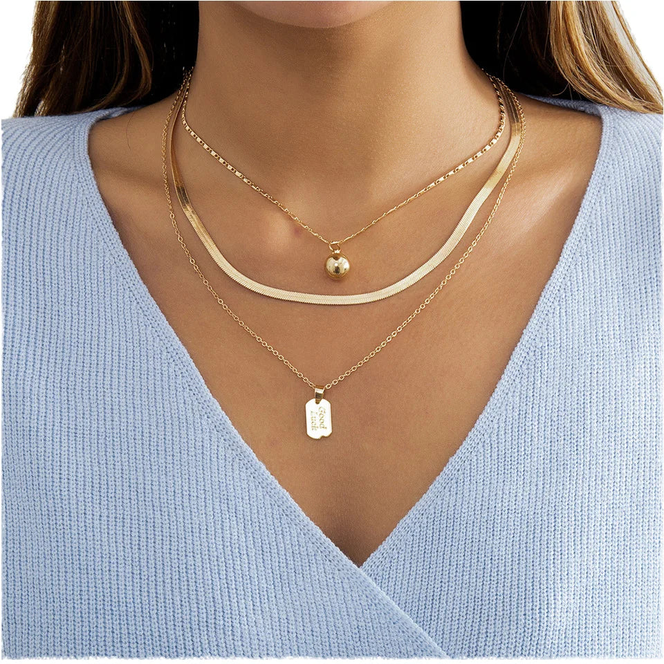 Women's Three Layers Alphabet Lettering Necklace Gold Plated Snake Bone Chain Rectangular Letter Pendant Ball Rectangle Necklace