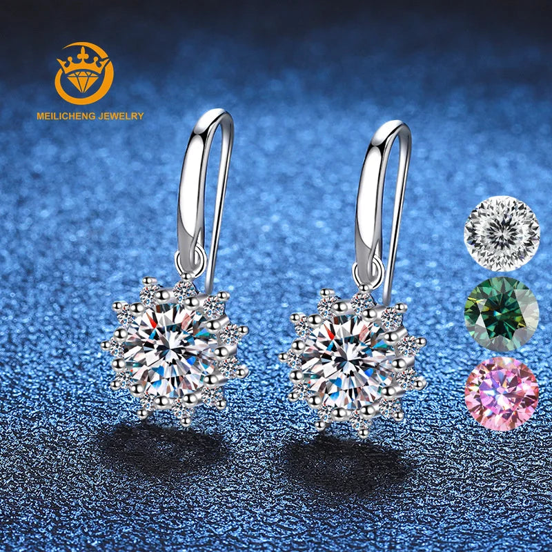 Sterling Silver Moissanite Hook Earrings Sun Flower 2CT D Color Lab Diamond Earrings High Jewelry Women's Gift