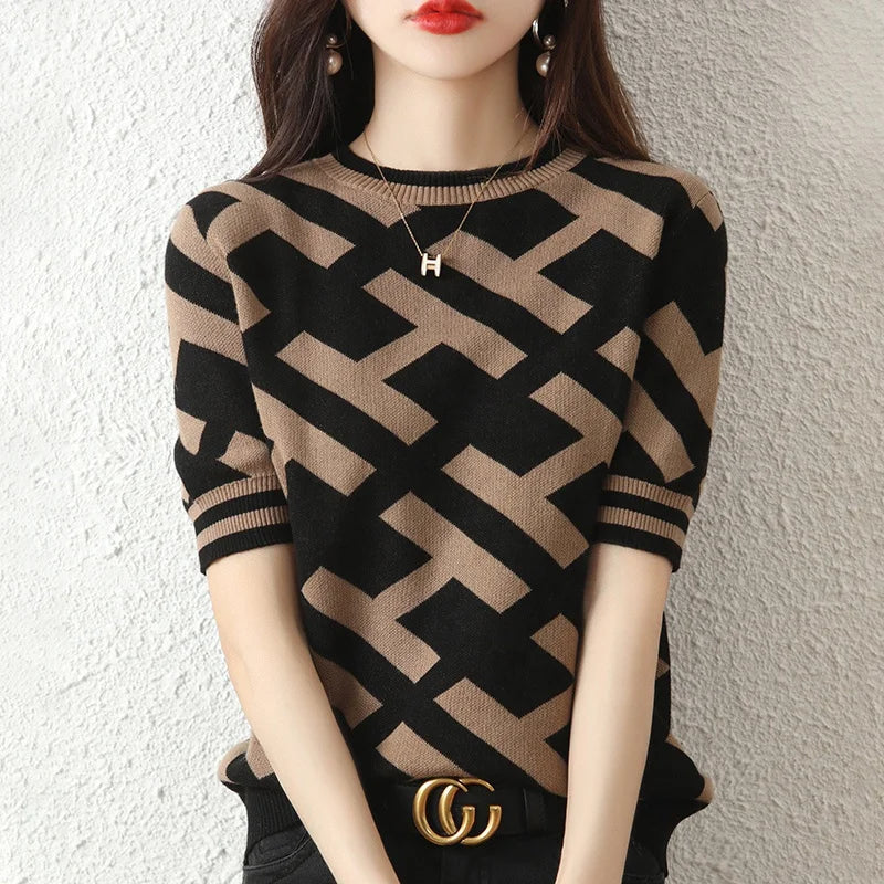 Women's T-shirts Summer New Cotton Knitted Sweaters Short Sleeves Casual Embroidery Ladies Tops Overside Pullover Tees Hot
