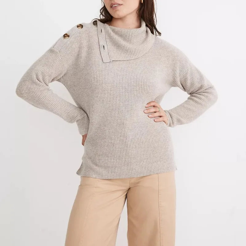 2023 Winter Custom Design LOGO Solid Color Oversized Button-Shoulder Long Sleeve Turtleneck Pullover Women Knitted Wool/Cashmere
