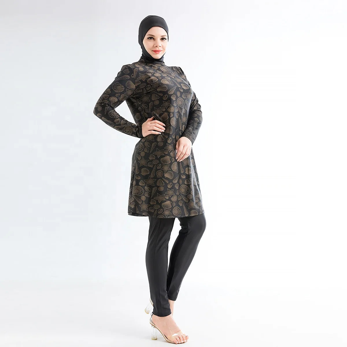 MOTIVE FORCE New Selling 3pcs Bronzing Printing Islamic Swimsuit Black Veilkini Long Sleeve Burkini Muslim Swimwear