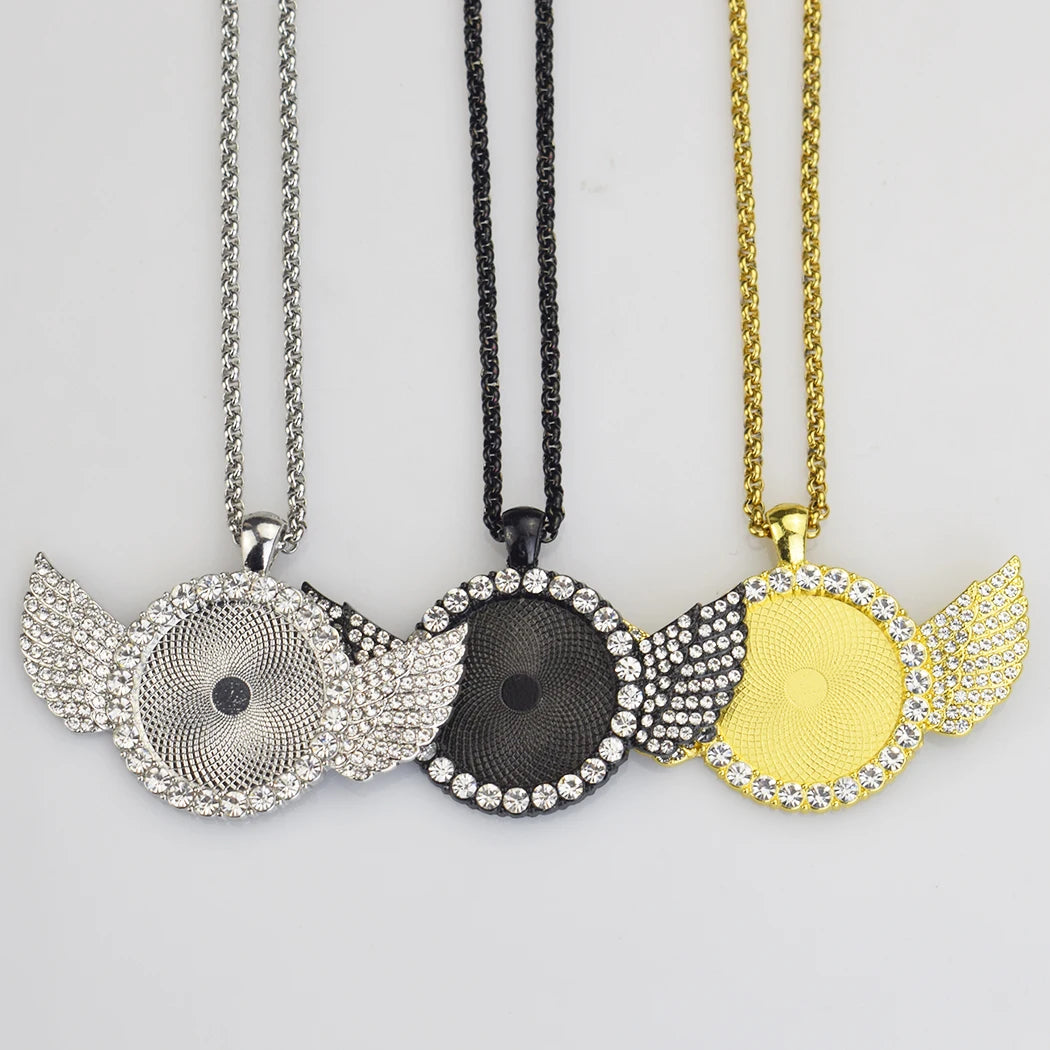Hiphop Rhinestone Necklace Photo Frame Charms 25mm Angle Wing Blank Bezel Sublimation Pendant Base Trays with Glass Cabochon