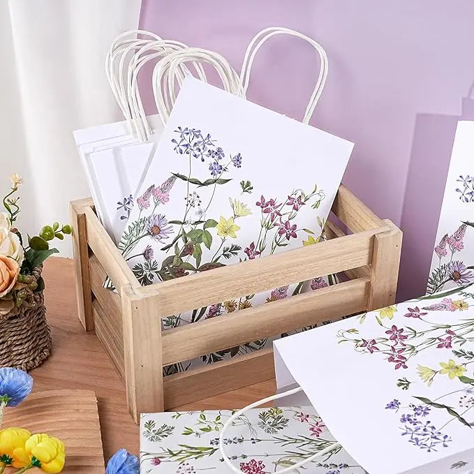 White Kraft Paper Vintage Wildflower Gift Bag Cotton Rope Spring Flower Design Offset Printed Recyclable Craft Gift Shopping Bag
