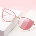 New Arrival Cat Eye Metal Optical Frame Gold Pink Color Changing UV400 Anti Blue Light Photochromic Sunglasses for Women