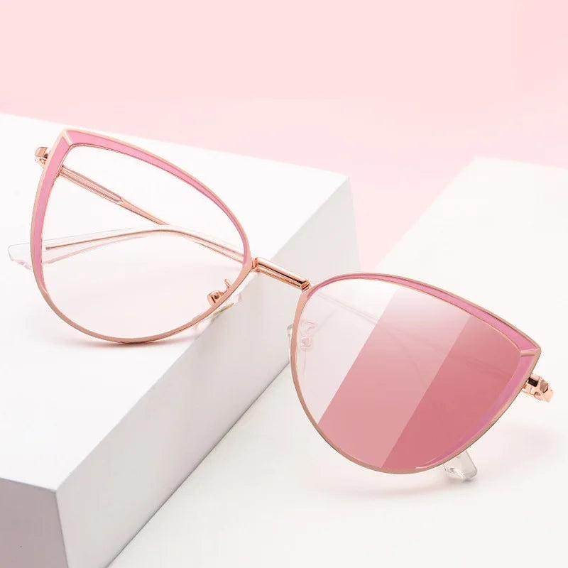 New Arrival Cat Eye Metal Optical Frame Gold Pink Color Changing UV400 Anti Blue Light Photochromic Sunglasses for Women
