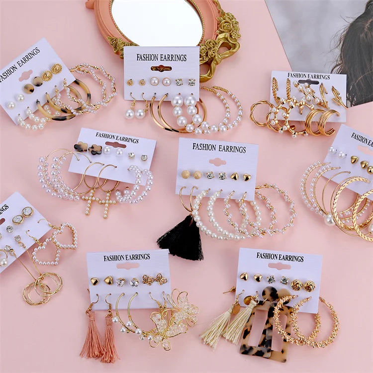 VKME Women Fashion Pearl Crystal Jewelry Tassel Drop Earrings Hoop Earrings Set Mixed Designs Leopard Earrings Jewelry 2022 MegaBDM
