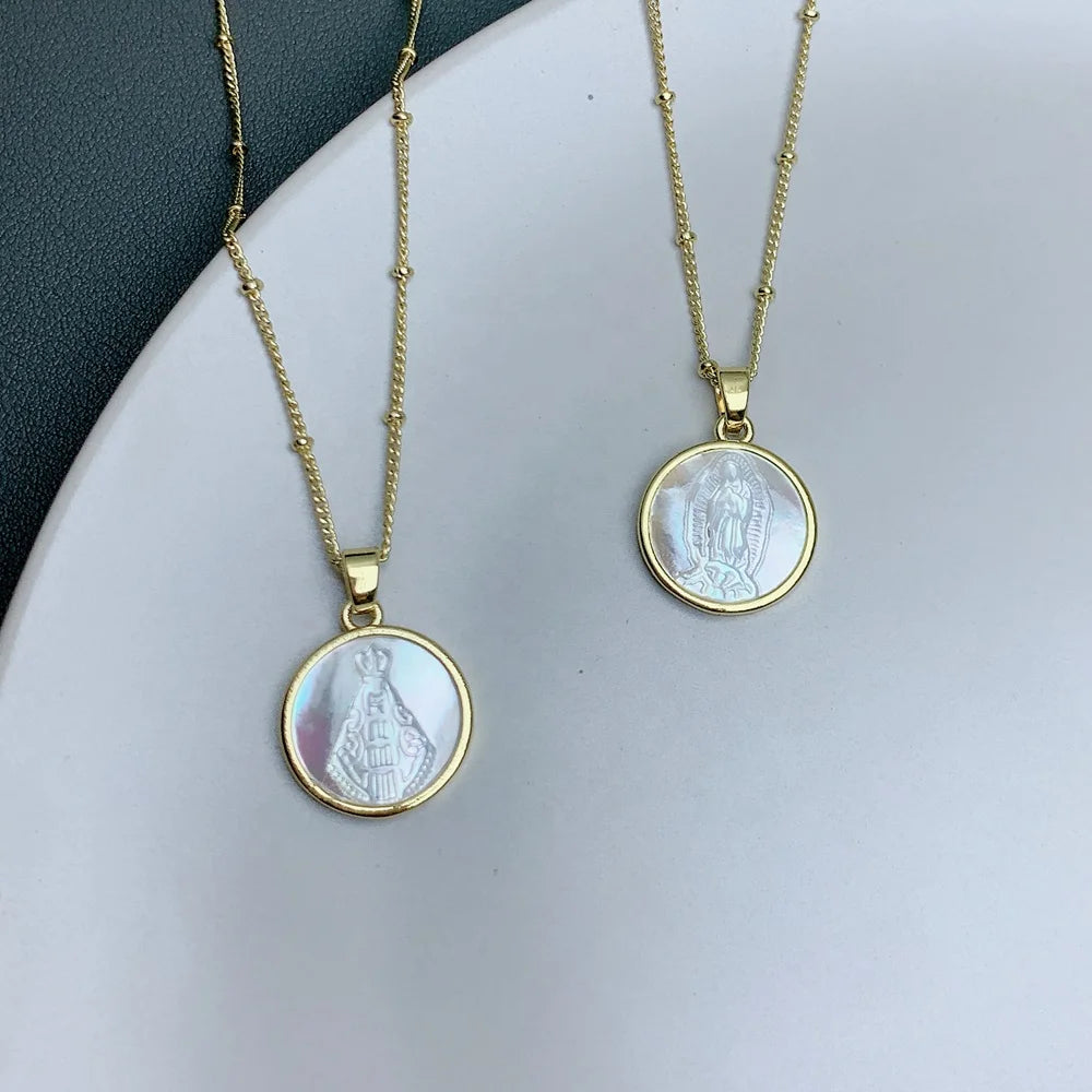 Round Vintage Guadalupe Virgin Necklace for Women Natural Mother of Pearl Shell Pendant Neck Wholesale