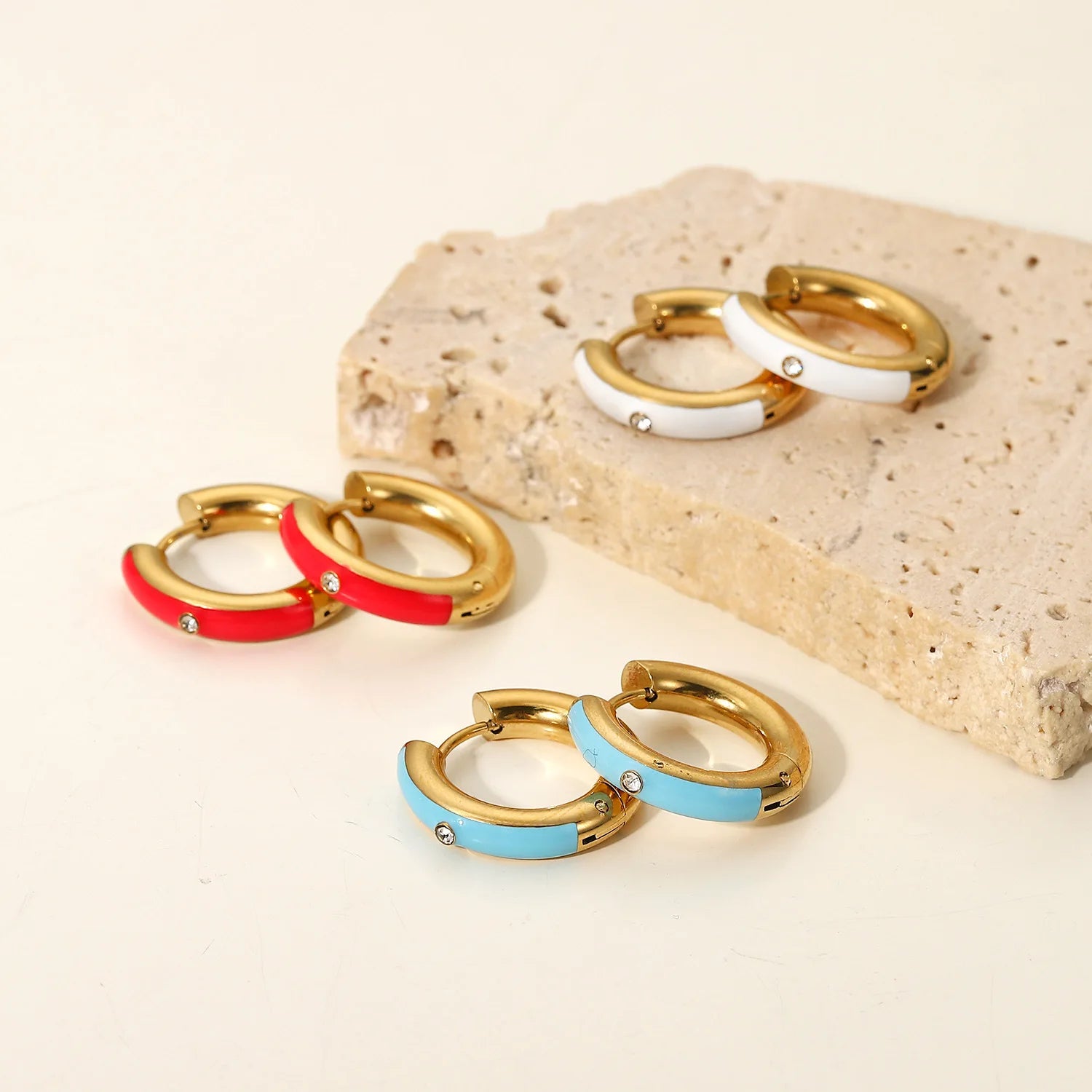 Women's Trendy New Style Colorful Oil Drop Geometric Hoop Earrings Gold Plated Stainless Steel with Zircon 10 Pcs Set