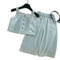 2025 Summer Girls' Outfit Embroidered Denim Vest Wide-leg Pants Solid Wister Top Korean Style Casual Two-piece Set for Babies