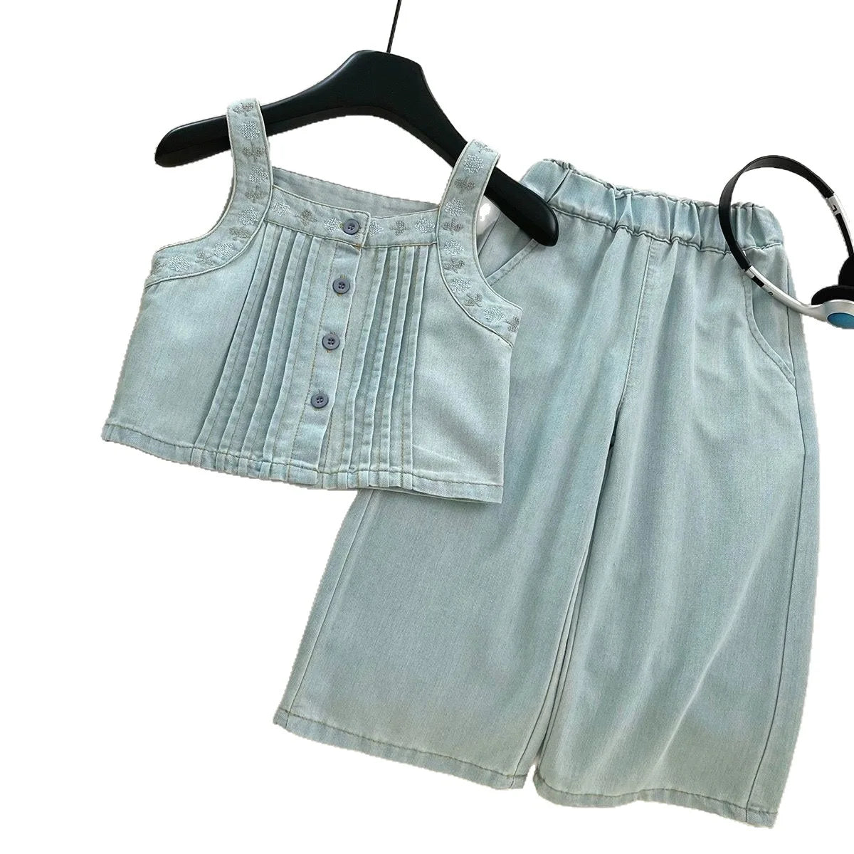 2025 Summer Girls' Outfit Embroidered Denim Vest Wide-leg Pants Solid Wister Top Korean Style Casual Two-piece Set for Babies