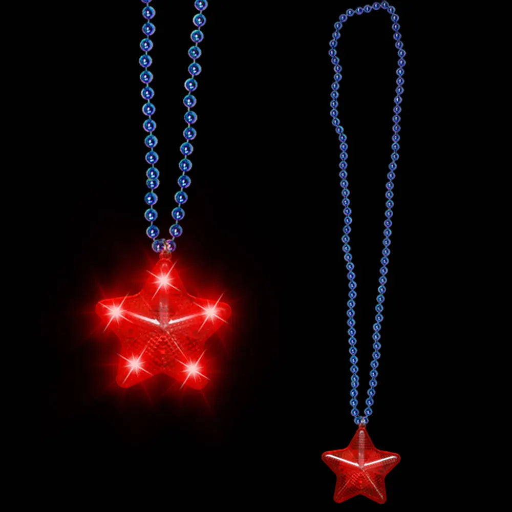 Neon-Glo Patriotic 4th July LED Star Necklace Light-Up Red Stars Pendant Battery Operated for Independence Day Graduation Party