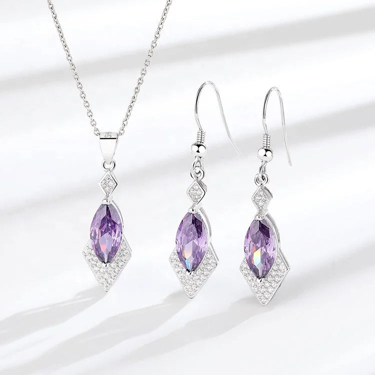 Real Silver 925 Fine Jewelry Set Violet Stone Pendant Necklace and Fish Hook Earrings for Women