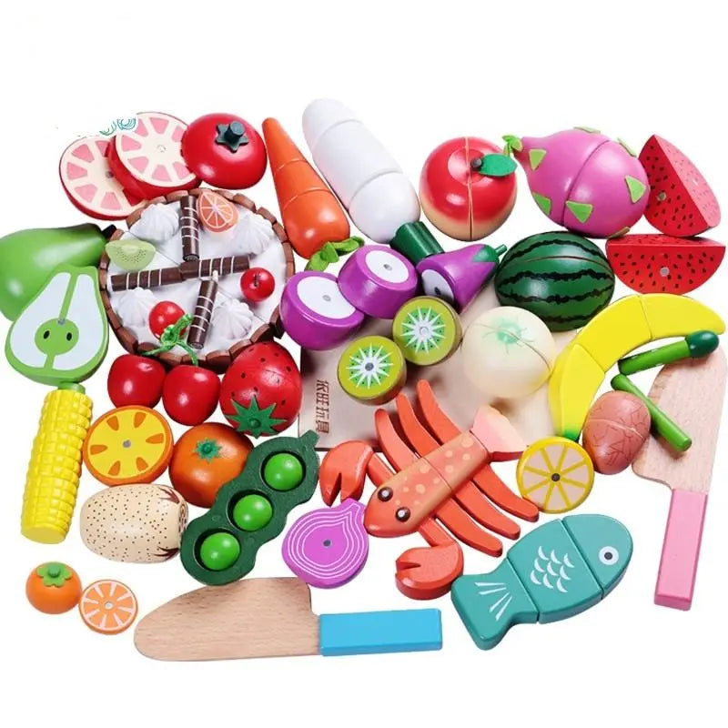 Wooden Cutting Cooking Food Sets Pretend Play Kitchen Kits Toy Magnetic Wood Vegetables Fruits Early Educational Development Toy