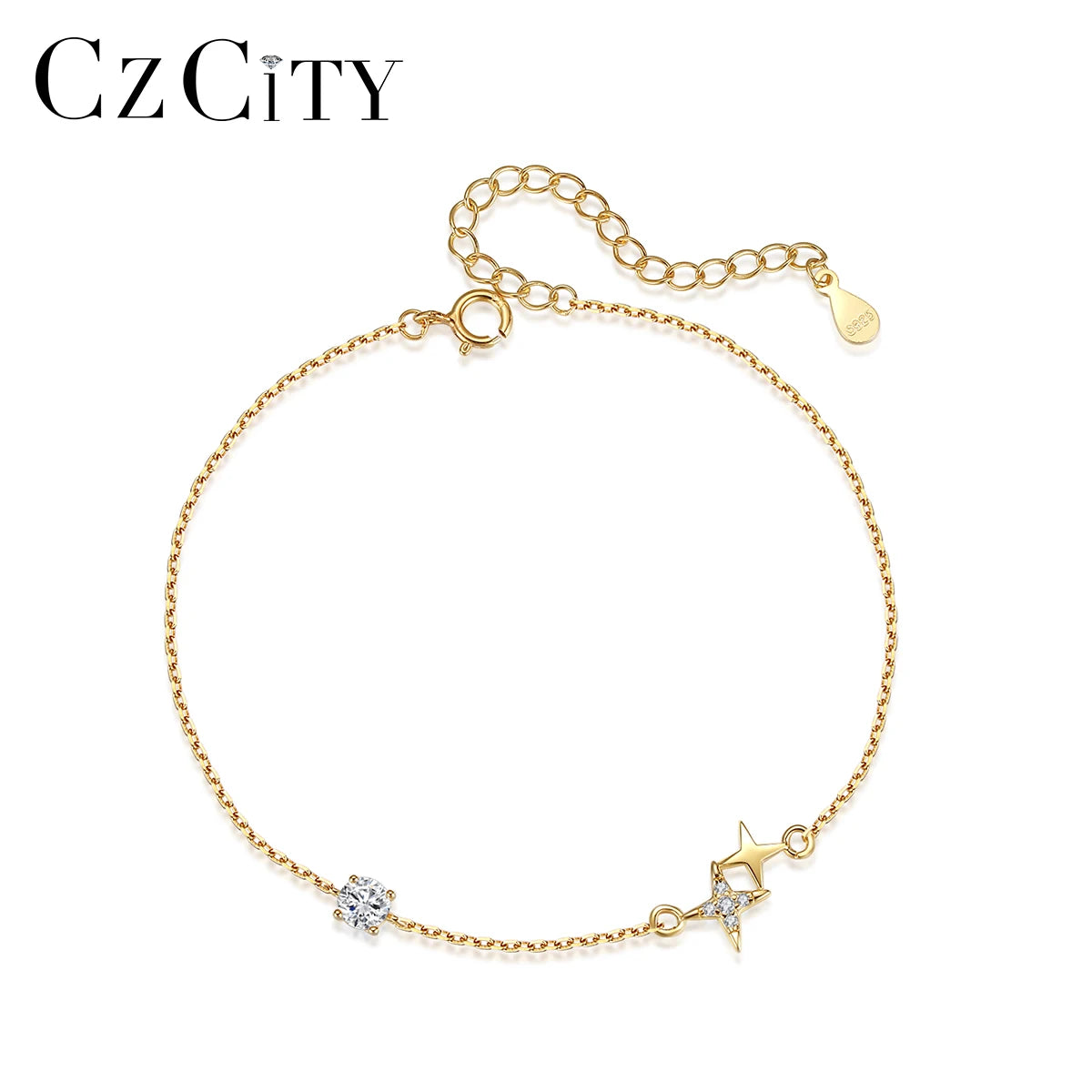 CZCITY Woman Gold Thin Cute Vintage Trendy Unique Silver Gift Girlfriend String With Charm Zirconia Bracelet
