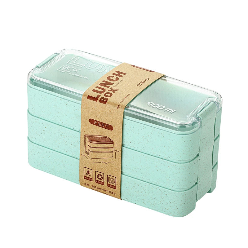 Safe Microwave 3-Layer Wheat Straw Eco-Friendly Plastic Bento Lunch Box with Cutlery Set Logo Dinnerware Sets