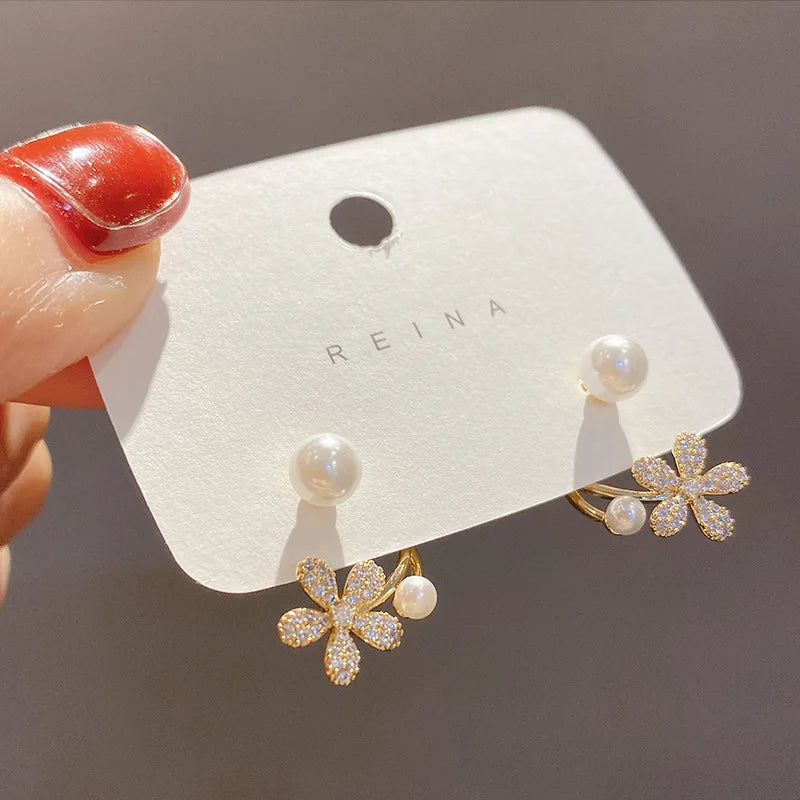 New Fashion Bling Rhinestone Crystal Flower Clip on Earrings Simulated Pearl Stud Earrings Vintage Jewelry
