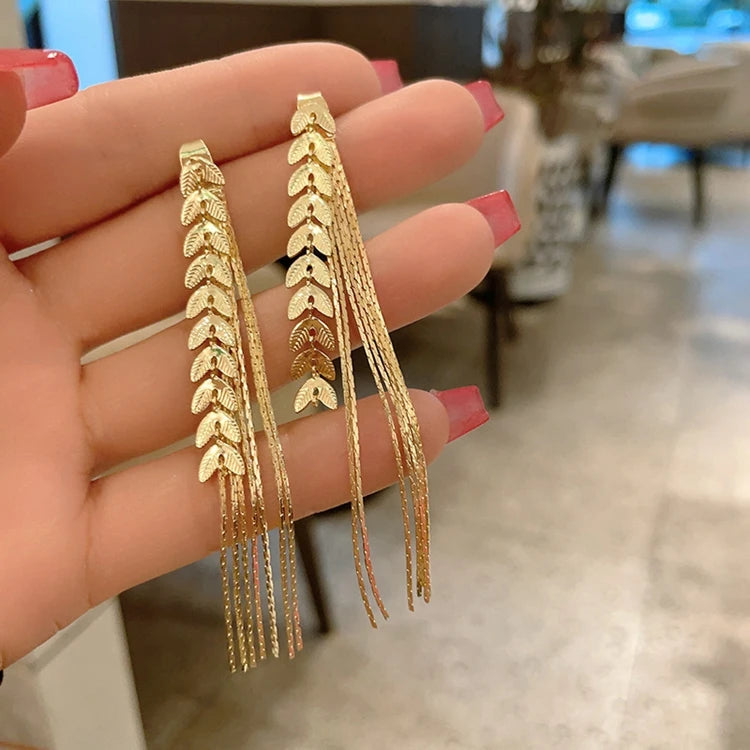 AL-64 Wholesale Fashion Metallic Women Gold Ear Jewelry Metal Ear of Wheat Long Tassel Stud Earrings
