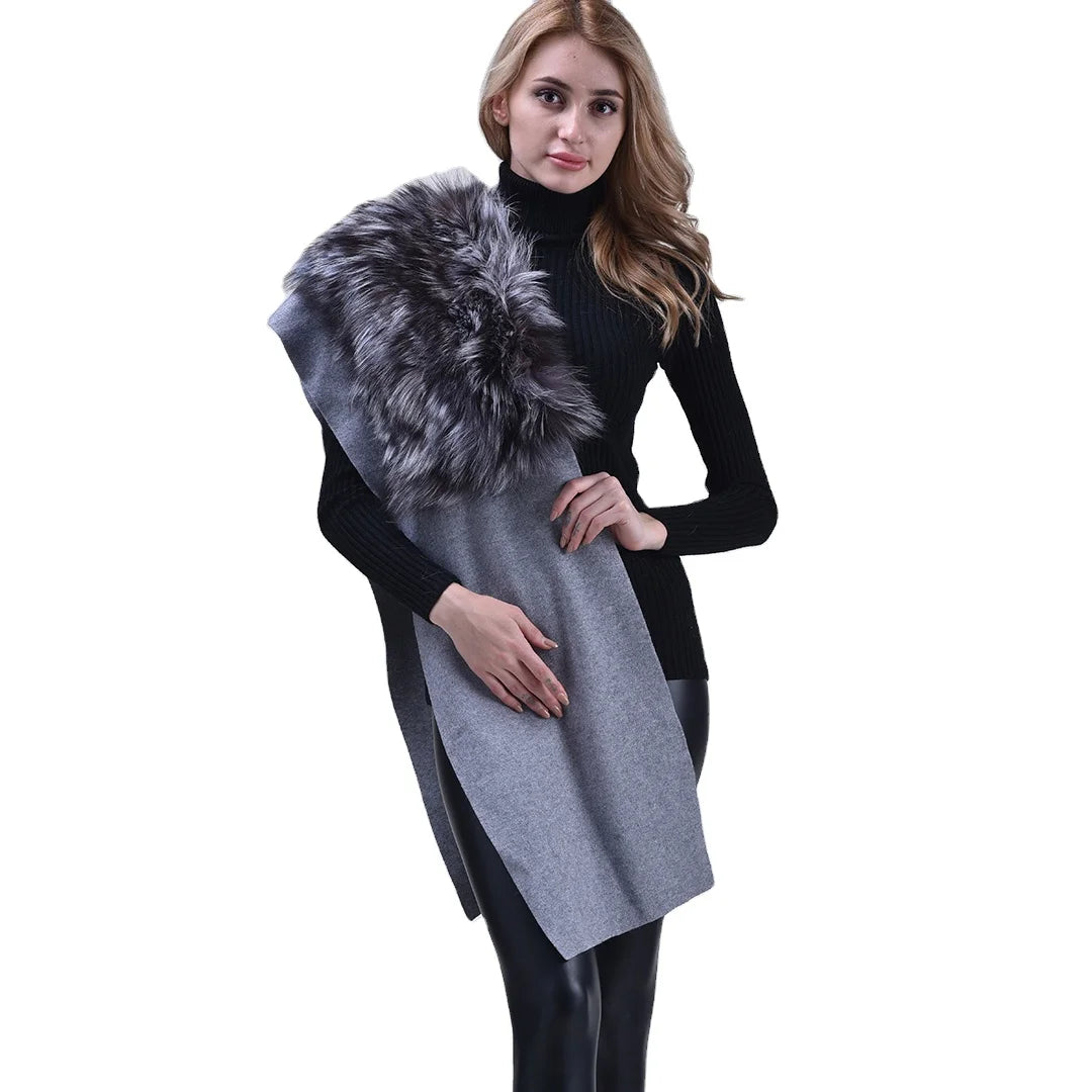 Winter Spring Autumn New Arrival Grey Winter Pashmina Scarf Luxury Fashion  Women Wool Shawl with fox Fur