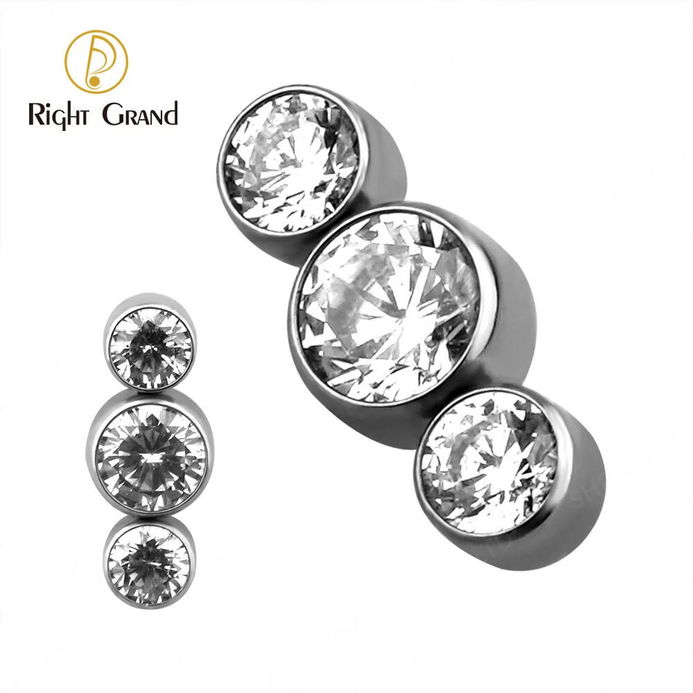 Implant Grade ASTM F136 Titanium Internal Thread Bezel Set Triple Cubic Zircon Labret Helix Top