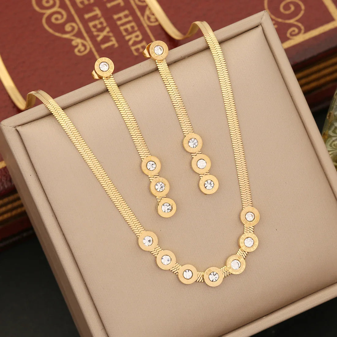 Unique Design Party Fashion Lasting Stainless Steel Chain Round CZ Collarbone Necklace Bracelet Earrings Set for Women N1195