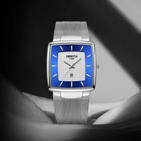 NIBOSI 2613 Mens Antique 3ATM Waterproof Square Alloy Case Auto Date Mesh Strap Wristwatch Quartz Watch