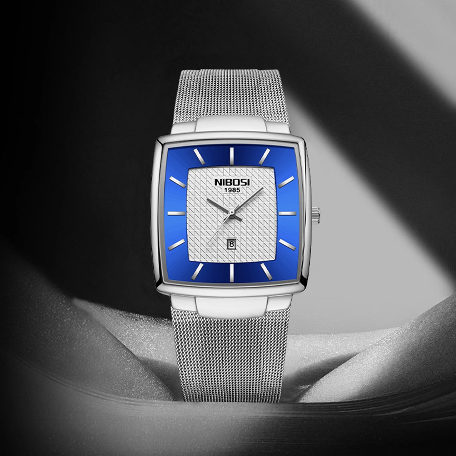 NIBOSI 2613 Mens Antique 3ATM Waterproof Square Alloy Case Auto Date Mesh Strap Wristwatch Quartz Watch