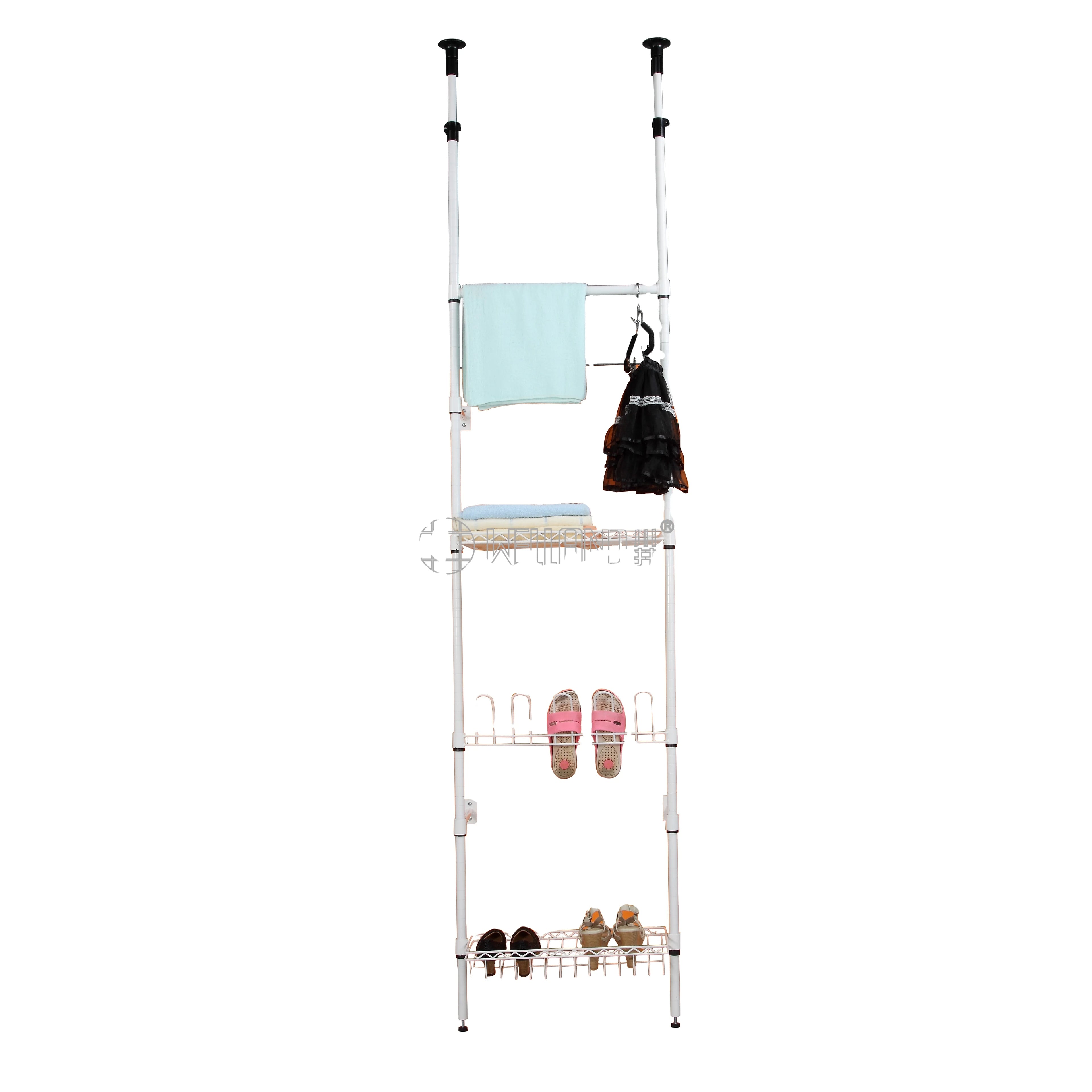 Ceiling Mounted 4-tier Telescopic Clothes Storage Shelf Garment Organizer Adjustable Pole Stand Rack Easy Assemble