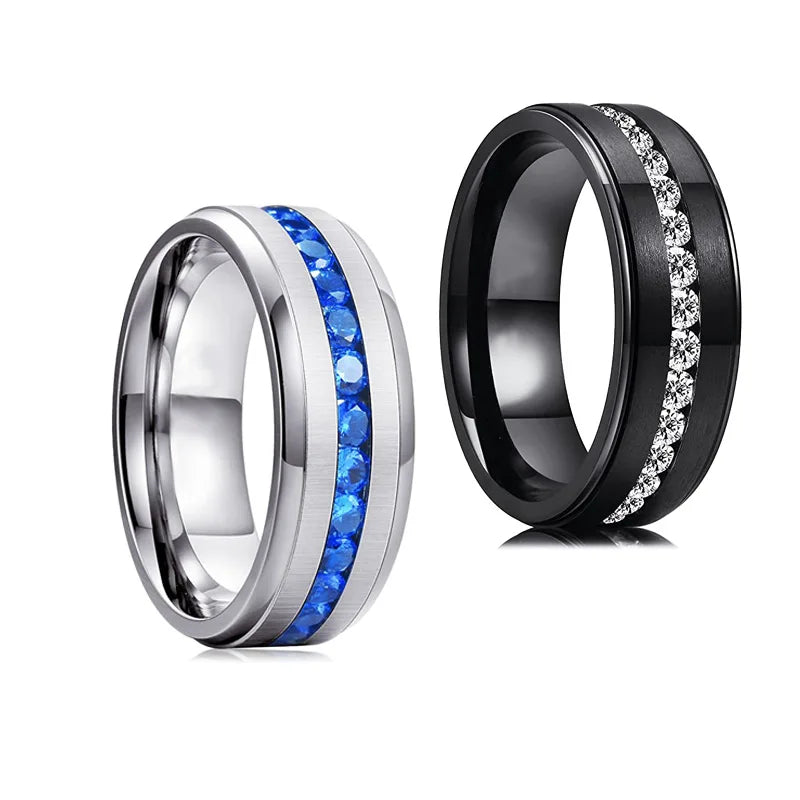 SC Popular Trendy Stainless Steel Rings Cool Black Silver Plated Rings Vintage Blue White Diamond Finger Rings for Men