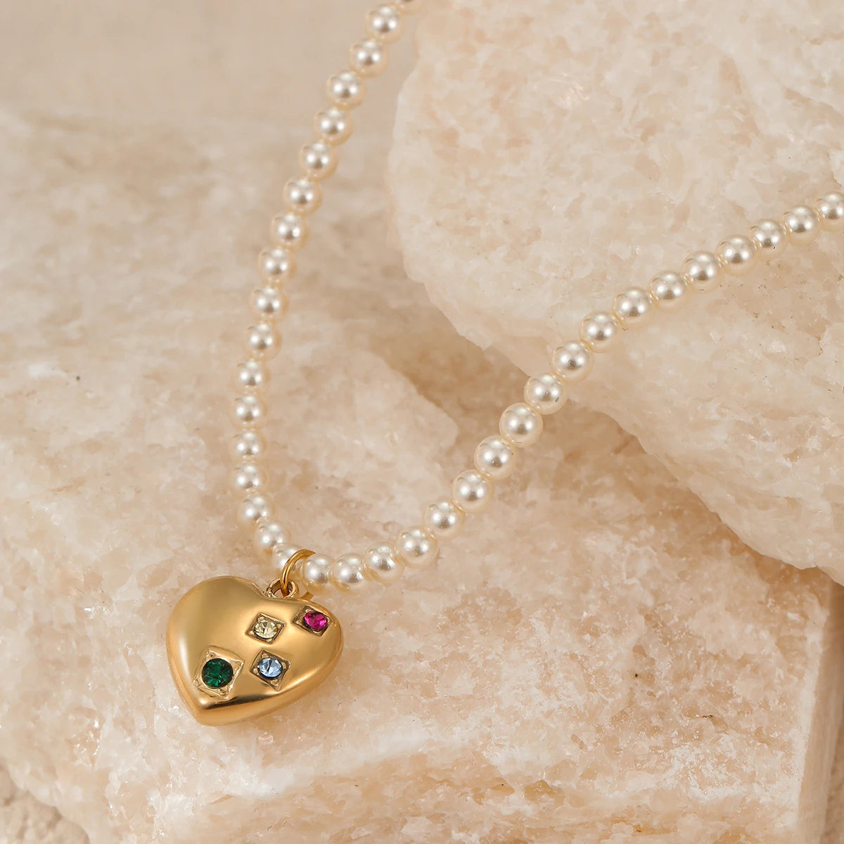 Fashion 18k Gold Heart Pendant Temperament Beaded Pearl Necklace Zircon Chain Jewelry Women Stainless Steel
