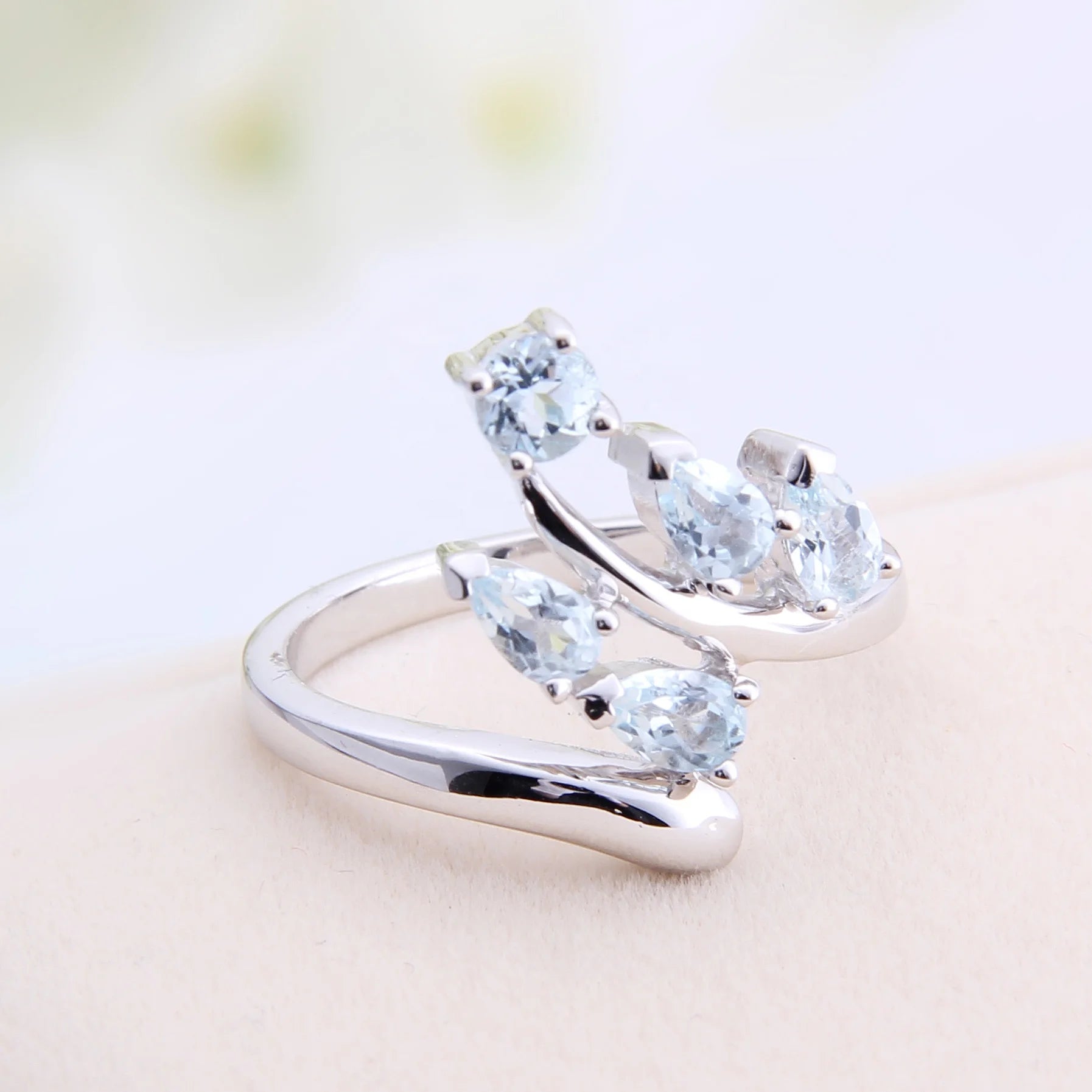 Abiding Natural Sky Blue Topaz Unique Design Pear Shape 4 Prong 925 Sterling Silver Ring for Women Wedding Gift