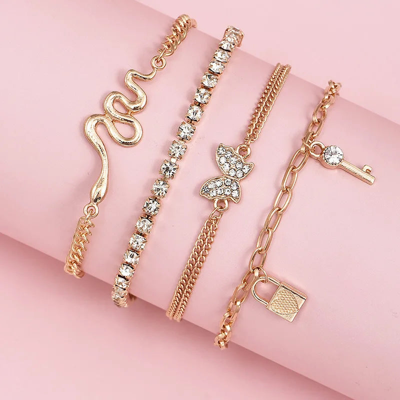 Snake Butterfly Lock Key Bracelets Zircon Chain Shining Bangles for Women Girls Boho Jewelry