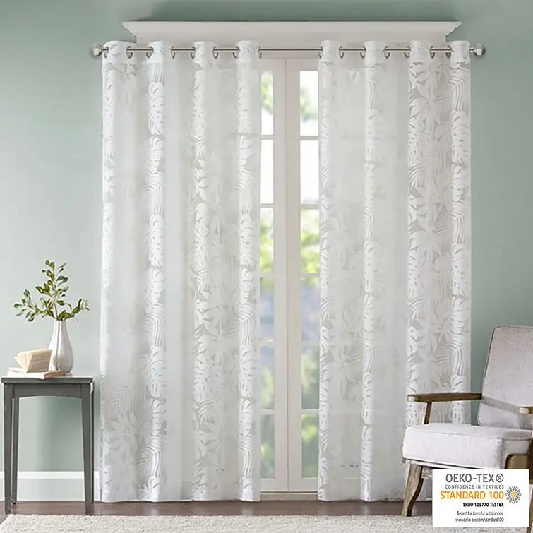 Stylish Modern White Leaf Patterned Burnout Printed 100% Polyester Voile Grommet Curtains OEKO-TEX Certified Customizable Sizes
