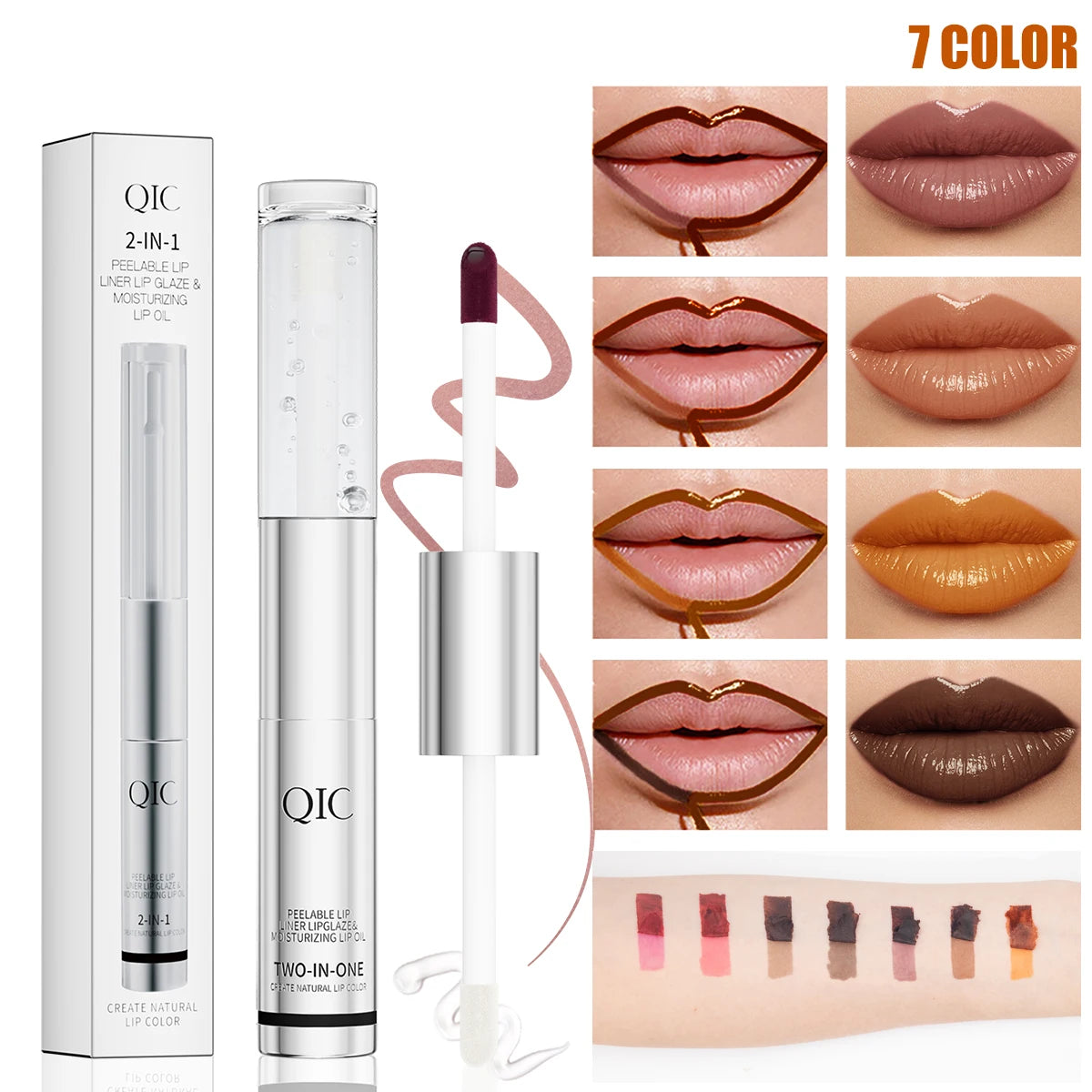 QIC No-stick Cup Peel off Lip Stain Lip Oil 24H Real Long-lasting 2 in 1 Double Head Trend Lip Gloss Lipstick Peel Raincoat