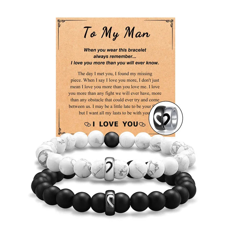 Matte Agate 8mm Beads Long Distance Lovers Bracelets Stainless Steel Set for Valentines Anniversary Birthday Gifts for Couples