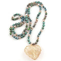 New Design 6mm Amazonite Africa Turquoise Natural Stone Crystal Glass Beads Necklace Gold Wire Enwind Heart Pendant Necklace