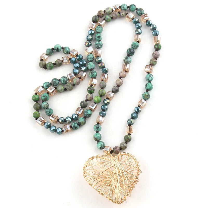 New Design 6mm Amazonite Africa Turquoise Natural Stone Crystal Glass Beads Necklace Gold Wire Enwind Heart Pendant Necklace